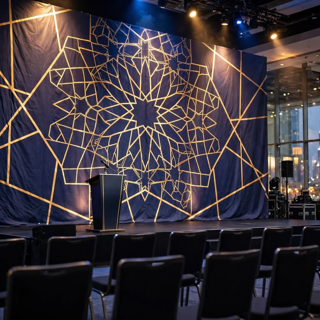 Large printed fabric stage backdrop at a Dubai conference
