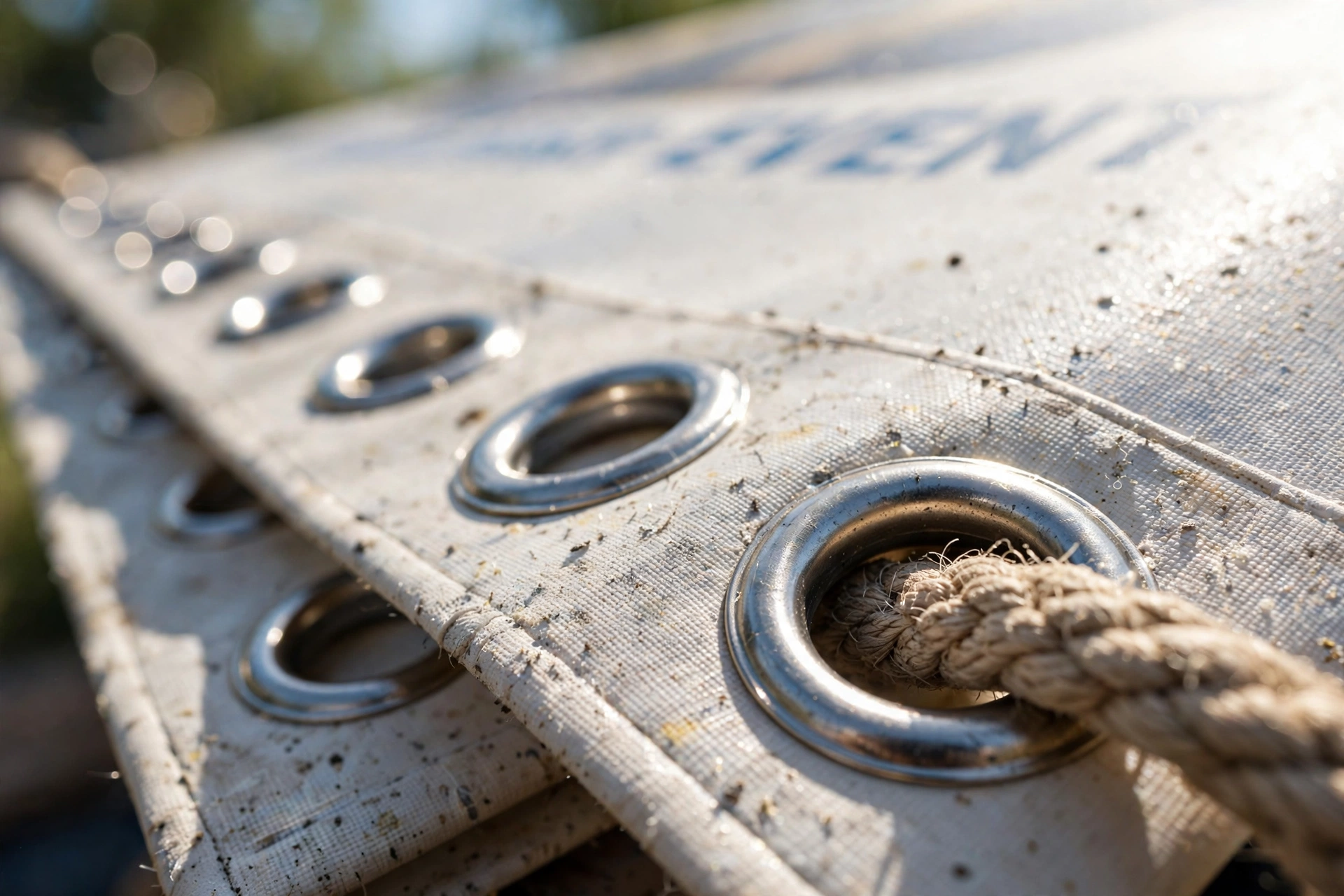 Close-up of banner hemming and metal eyelets for outdoor installation