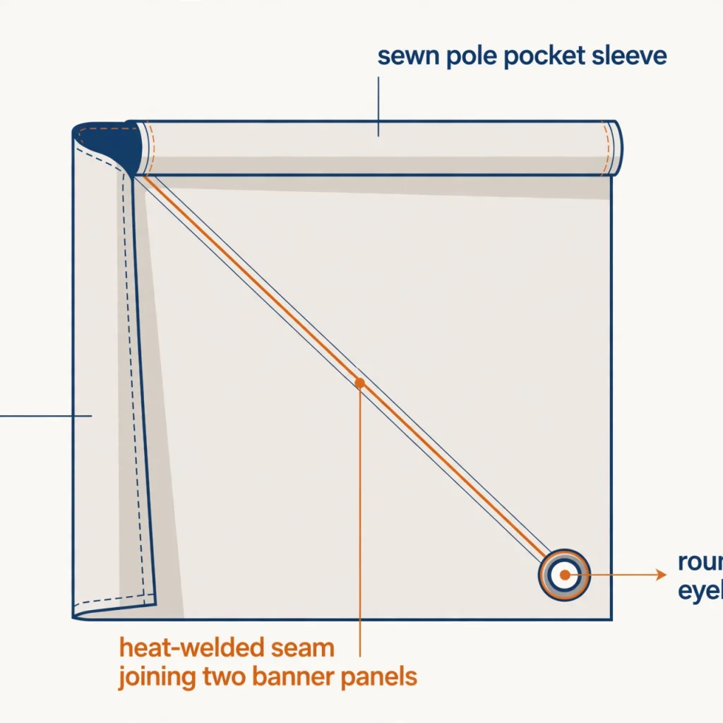 Diagram of banner finishing options — hemming, eyelets, pole pockets and welded seams
