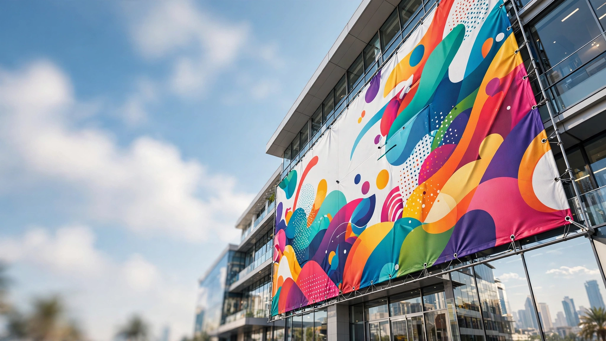 Large custom vinyl banner printed and installed on a commercial building in Dubai