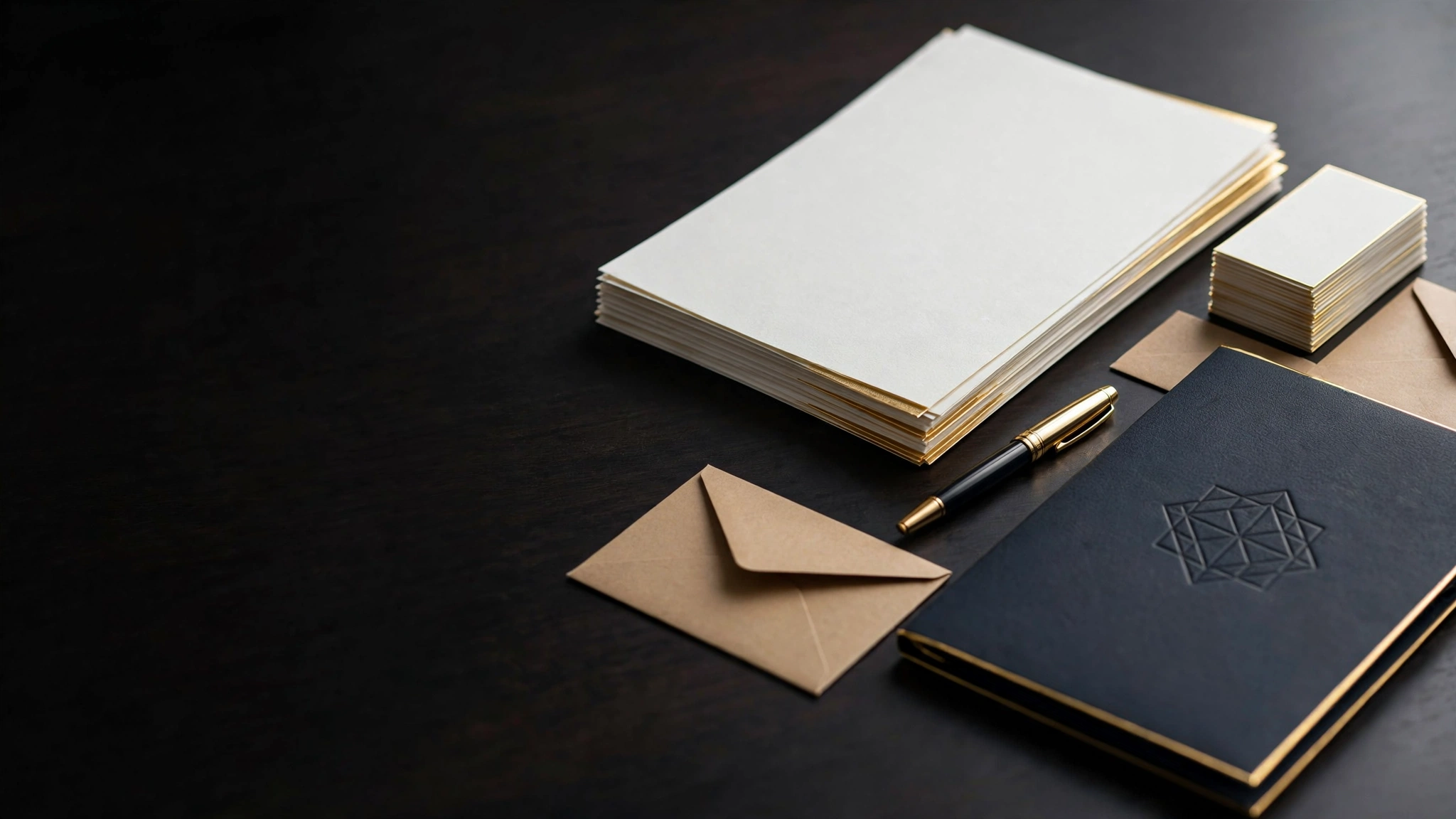 Premium corporate stationery set — letterheads, business cards, envelopes and folder on an executive desk in Dubai