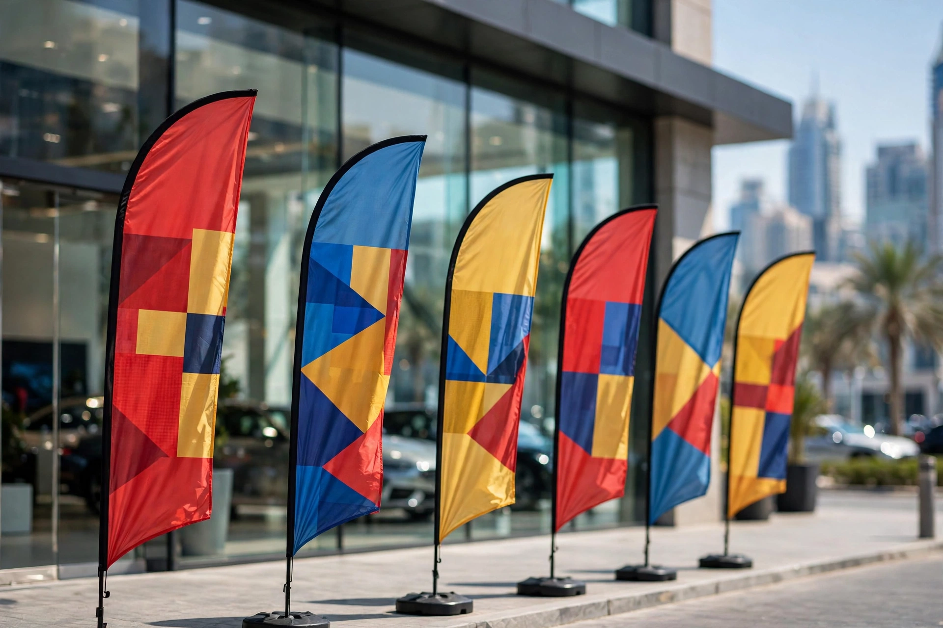 Teardrop advertising flags outside a car dealership in Dubai